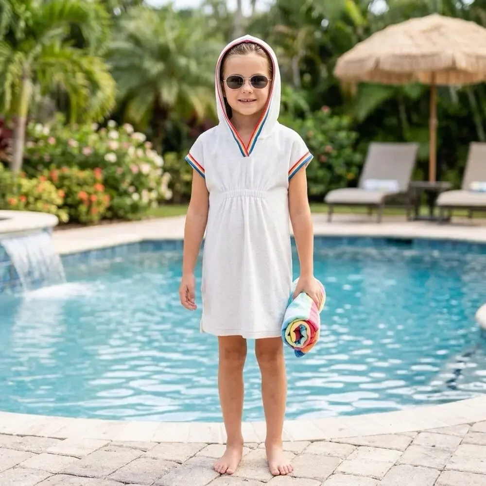 Hanna Andersson Hooded Terry Dress size 130 (8) White Rainbow Trim Swim Cover Up